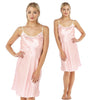 pink candy stripe satin chemise nightie which is knee length with adjustable straps and a round neck detail in UK plus sizes 12, 14, 16, 18, 20, 22