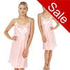 pink candy stripe satin chemise nightie which is knee length with adjustable straps and a round neck detail in UK plus sizes 16, 18, 20, 22