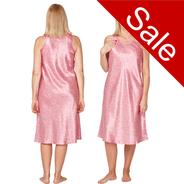 Ladies pink satin bloom floral knee length nightdress with wide straps in UK size 14, 16, 18, 20, 22, 24, 26, 28