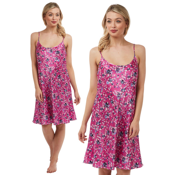 hot pink floral satin chemise nightie which is knee length with adjustable straps and a round neck detail in UK sizes 12, 14