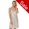 pink polka dot satin chemise nightie which is knee length with adjustable straps and a round neck detail in UK size 12, 14, 