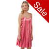 pink and red stripe satin chemise nightie which is knee length with adjustable straps and a round neck detail in UK plus sizes 8, 10, 12, 14, 16, 18, 20, 22, 24, 26, 28, 30