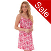 Pink wildflower floral with light pink background satin chemise nightie which is knee length with adjustable straps and a round neck detail in UK sizes 12, 14, 16, 18