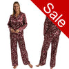 Autumn burgundy cherry red leaf floral print shiny satin pjs set consisting of a shirt style top with a collar, top pocket and button up front with matching full length trousers with an elasticated waist band in UK size 14-16