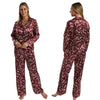Autumn burgundy cherry red leaf floral print shiny satin pjs set consisting of a shirt style top with a collar, top pocket and button up front with matching full length trousers with an elasticated waist band in UK size 14-16