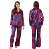 Hot pink oversized animal print shiny satin pjs set consisting of a shirt style top with a collar, top pocket and button up front with matching full length trousers with an elasticated waist band in UK sizes 10, 12, 14, 16, 18, 20