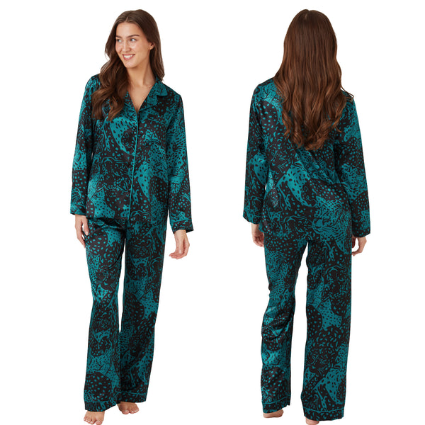 Jade green oversized animal print shiny satin pjs set consisting of a shirt style top with a collar, top pocket and button up front with matching full length trousers with an elasticated waist band in UK sizes 10, 12, 14, 16, 18, 20