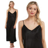 long full length shiny silky satin chemise nightdress with string adjustable straps in plain black in UK size 16, 18,