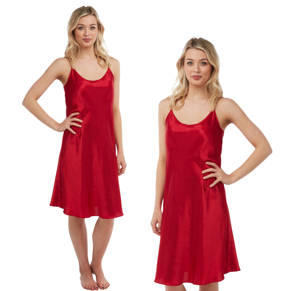 plain bright red shiny silky satin chemise nightie which is knee length with adjustable straps and a round neck detail in UK sizes 12, 14,