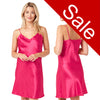 plain magenta pink shiny satin chemise nightie which is knee length with adjustable straps and a vee neck detail in UK sizes 12, 14, 16, 18,