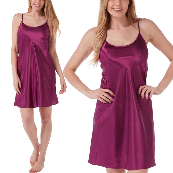 plain mulberry purple satin chemise nightie which is knee length with adjustable straps and a round neck detail in UK sizes 8, 10, 12, 14, 16, 18