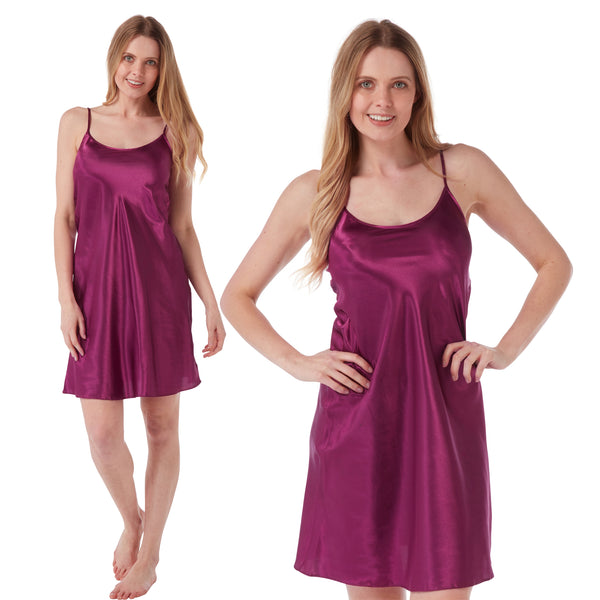 plain mulberry purple satin chemise nightie which is knee length with adjustable straps and a round neck detail in UK sizes 8, 10, 12, 14, 16, 18