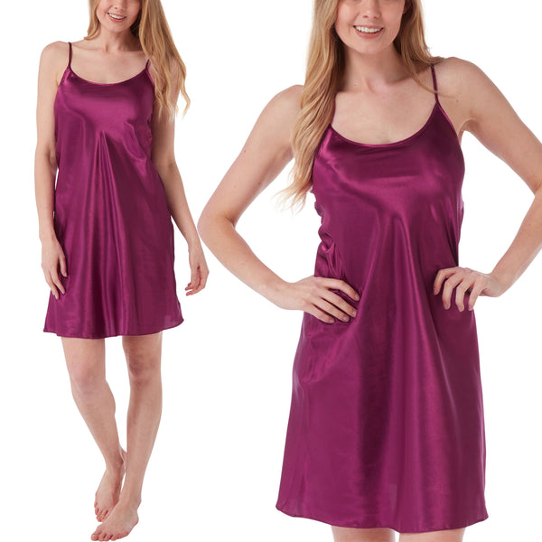Plain mulberry purple satin chemise nightie which is knee length with adjustable straps and a round neck detail in UK sizes 8, 10, 12, 14, 16, 18