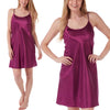 Plain mulberry purple satin chemise nightie which is knee length with adjustable straps and a round neck detail in UK sizes 8, 10, 12, 14, 16, 18