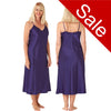 Long full length silky shiny satin chemise nightdress with string adjustable straps in a plain azure navy in UK plus sizes 12, 14, 16, 18, 20, 22, 24, 26,