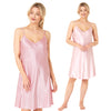 plain light pink shiny silky satin chemise nightie which is knee length with adjustable straps and a vee neck detail in UK plus sizes 12, 14, 16, 18, 20, 22, 24, 26, 28, 30, 32, 34, 36, 38