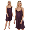 plain purple satin chemise nightie which is knee length with adjustable straps and a round neck detail in UK sizes 8, 10, 12, 14, 16, 18