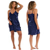 Navy star print mat satin chemise, nightie which is knee length with adjustable straps and a vee neck detail in UK plus sizes 16, 18, 20, 22, 24, 26 