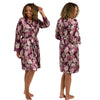 Claret purple oversized bloom floral print style in a silky shiny satin wrap, dressing gown, bathrobe, kimono which is knee length with adjustable straps and a vee neck detail in UK sizes 12, 14, 16, 18, 20, 22