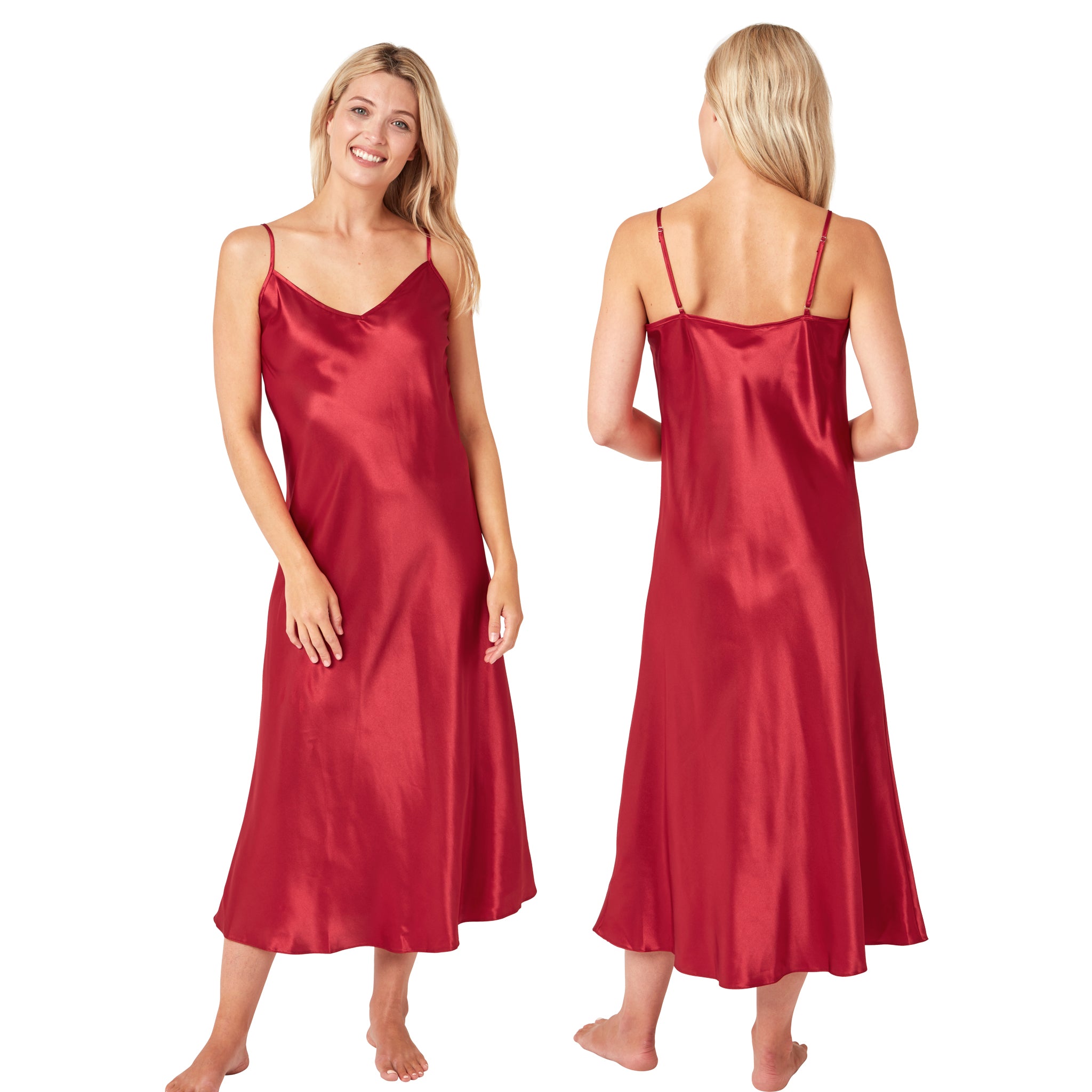 Long Full Length Plain Red Sexy Silky Satin Chemise Nightdress