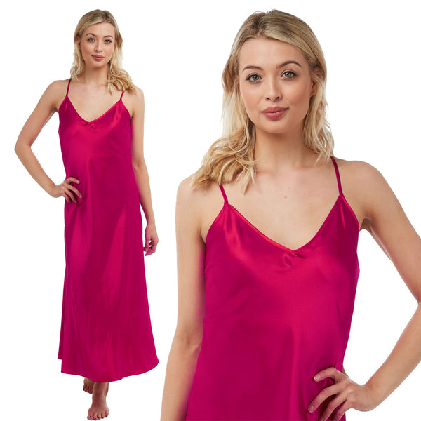 long full length shiny silky satin chemise nightdress with string adjustable straps in plain berry red in UK plus sizes 12, 14, 16, 18, 20, 22, 24, 26, 28, 30, 32, 34, 36, 38