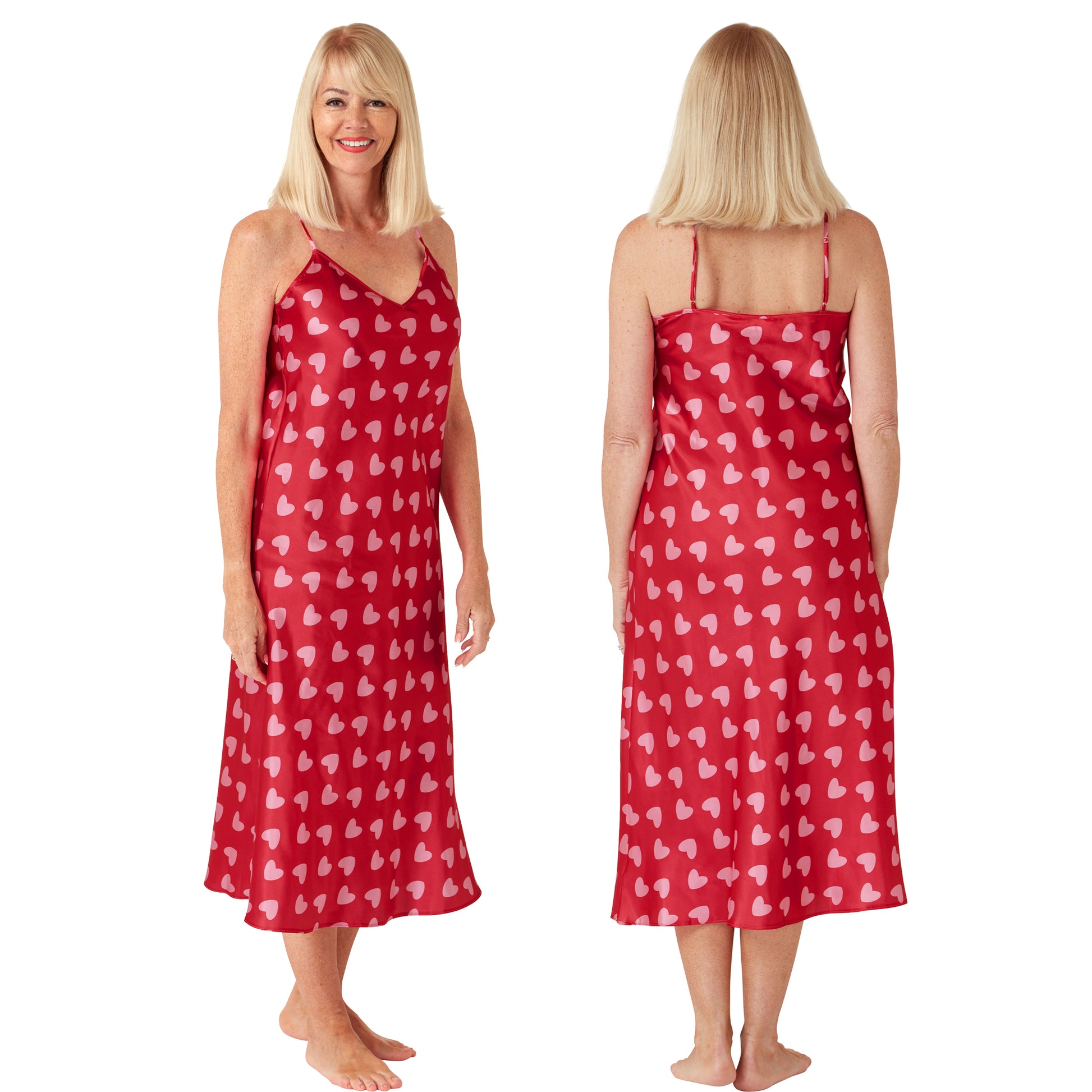 long full length silky shiny satin chemise nightdress with string adjustable straps with a red background and a pink heart spot print in UK plus sizes 8, 10, 12, 14, 16, 18, 20, 22, 24, 26,