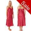 Long full length silky shiny satin chemise nightdress with string adjustable straps with a red background and a pink heart spot print in UK plus sizes 8, 10, 12, 14, 16, 18, 20, 22,