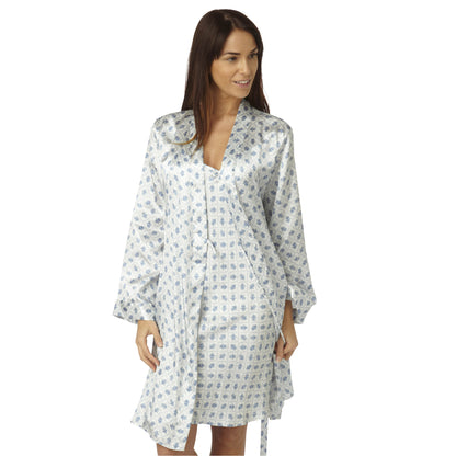 ivory background and delph blue tile pattern silky shiny satin matching string strap chemise and dressing gown robe set which is knee length in UK sizes 14, 16,