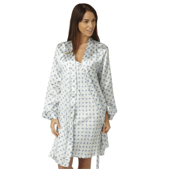 ivory background and delph blue tile pattern silky shiny satin matching string strap chemise and dressing gown robe set which is knee length in UK sizes 14, 16,