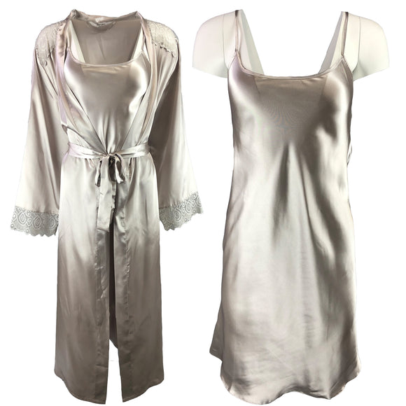 Matching Gold Beige Sexy Satin Long Chemise & Wrap Set Negligee
