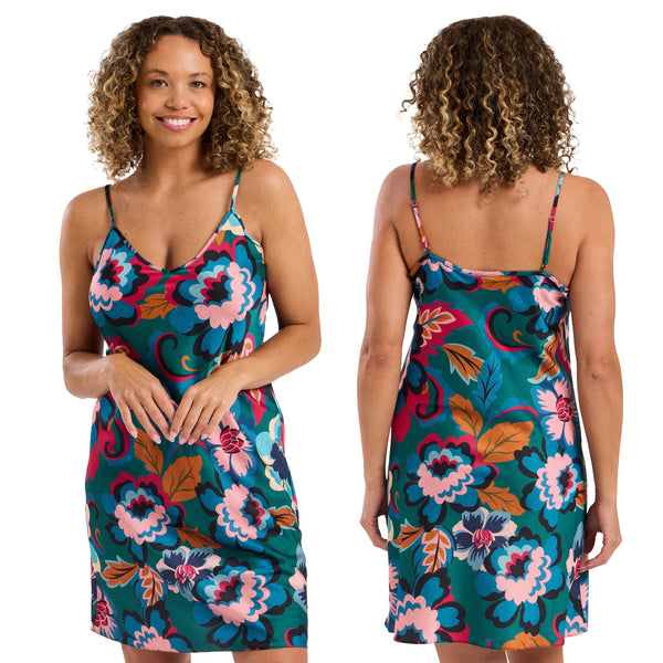 Teal bohemian palm floral print mat satin chemise, nightie which is knee length with adjustable straps and a vee neck detail in UK plus sizes 16, 18, 20, 22, 24, 26