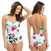 ladies swimsuit in an aqua colour with a large tropical hibiscus flower pattern with underwired cups and detachable straps in UK sizes 12, 14