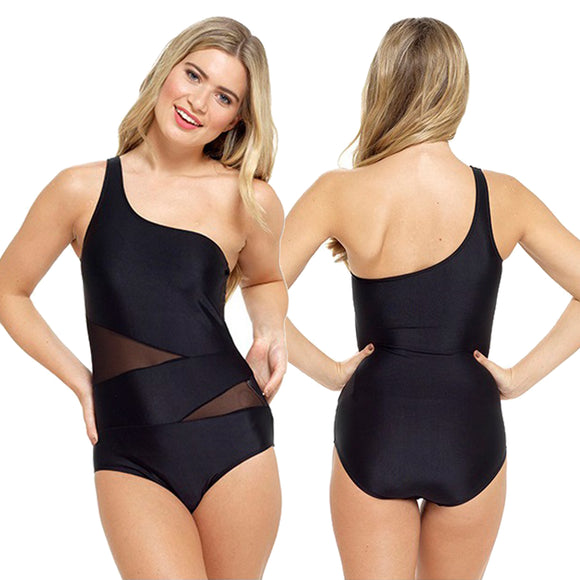 black swimwear swimsuit one shoulder strap with mesh detailing in UK size 10, 12, 14, 16