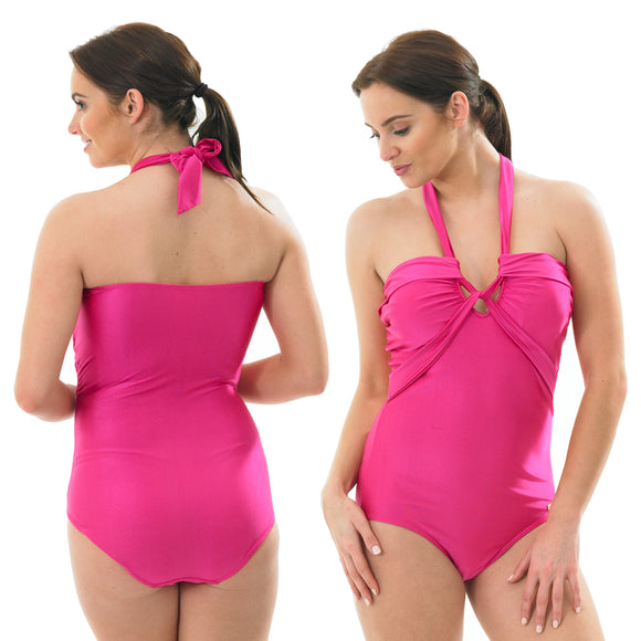 ladies pink halterneck swimsuit with a twist chest detail in UK size 22