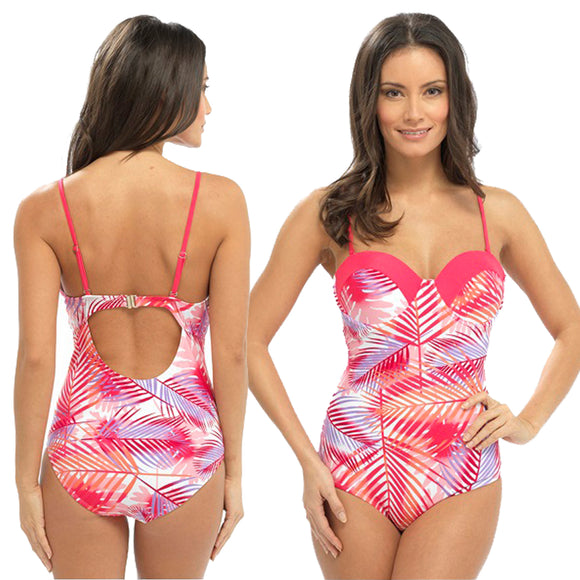 ladies swimsuit in pink with a palm pattern with underwired cups and detachable straps in UK sizes 10, 12, 14