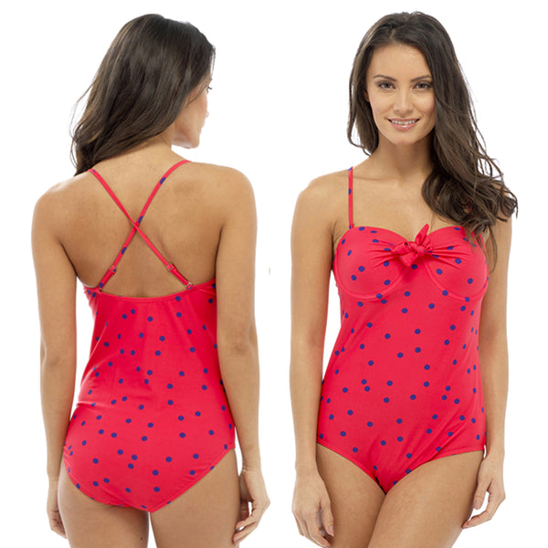 ladies red polka dot swimsuit with detachable adjustable straps. The cups are padded and underwired in UK sizes 12, 14