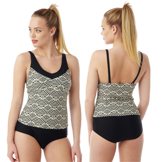 black and cream mono print swimwear tankini set in UK size 10, 12, 14, 16, 18, 20, 22, 24