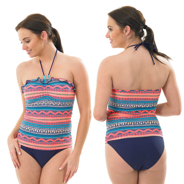 ladies halterneck tankini set with an aztec pattern and plain navy full cover bottoms in UK size 10