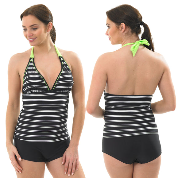 ladies swimwear tankini set halterneck with shorts black and white stripe in UK size 10, 12, 16 