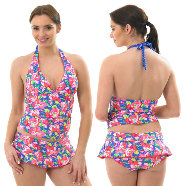ladies halterneck tankini set in a bright tropical floral print in colours pink, blue and red. The top have a vee neck and the swim briefs have a small swimskirt in UK sizes 10, 12, 14, 16