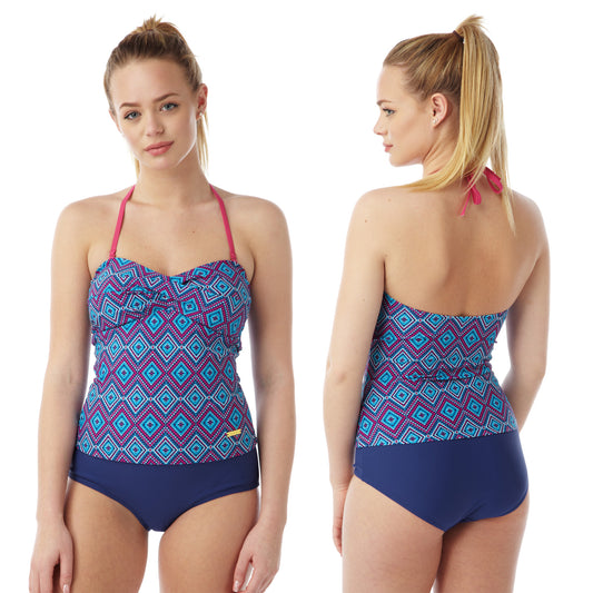 ladies halterneck blue tankini set with an aztec print top and plain blue swim briefs in UK plus sizes 10, 12, 14, 16, 18, 20, 22, 24