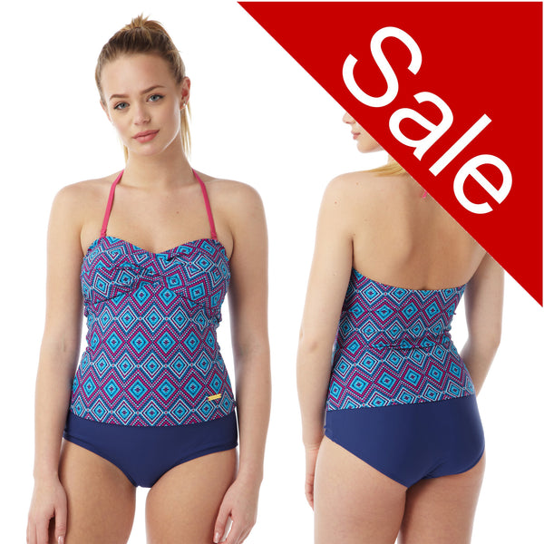 ladies halterneck blue tankini set with an aztec print top and plain blue swim briefs in UK plus sizes 20, 22