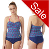 ladies halterneck blue tankini set with an aztec print top and plain blue swim briefs in UK plus sizes 20, 22