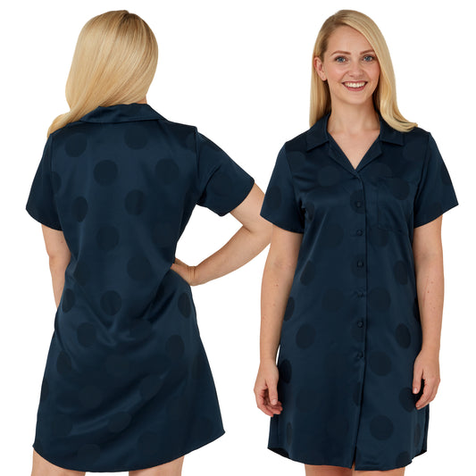 ladies teal blue jacquard spot print satin nightshirt with a button front, collar, top pocket, short sleeve and shirt style hem in UK size 16, 18, 24, 26