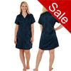 ladies teal blue jacquard spot print satin nightshirt with a button front, collar, top pocket, short sleeve and shirt style hem in UK size 16, 18, 24, 26