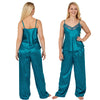 plain teal blue shiny silky satin pjs set which comes with a cami top with adjustable straps and lace trim. The trousers are full length with an elasticated waist band in UK plus sizes 12, 14, 16, 18, 20, 22, 24, 26, 28, 30, 32,