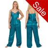 plain teal blue shiny silky satin pjs set which comes with a cami top with adjustable straps and lace trim. The trousers are full length with an elasticated waist band in UK sizes 12, 14, 16, 18, 