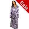 ladies floral lilac purple silky shiny satin and lace full length dressing gown, bathrobe, wrap, kimono with full length sleeves trimmed with lace in UK sizes 10, 12, 14, 16, 18, 20, 22, 24,