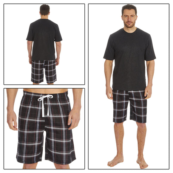 Mens Black Tartan Check PJs Pyjamas Set Short Sleeve T Shirt & Shorts