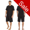mens plain black pjs set which have two vertical side stripes. The set consists of a short sleeve t shirt top with shorts with an elasticated waist band in size medium 